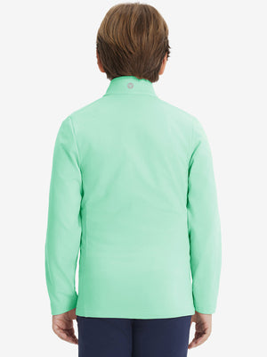 Model in kids soft lightweight fleece lined jacket in turquoise, showing back half-body view.
