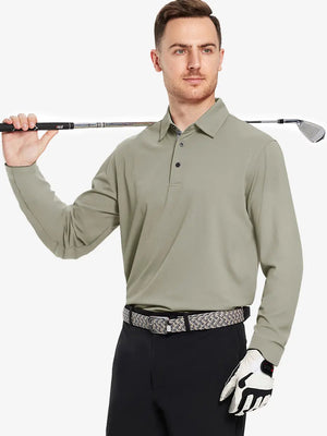 Model showcasing the dark khaki long sleeve pique polo, holding a golf club, emphasizing its stylish design.
