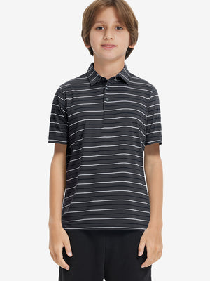 Front upper body of model wearing kids stylish stripe polo shirts, playful stripes with dark grey stripe detail