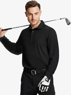 Model in BLACK Long Sleeve Solid Jersey Polo holding golf club with confident front pose