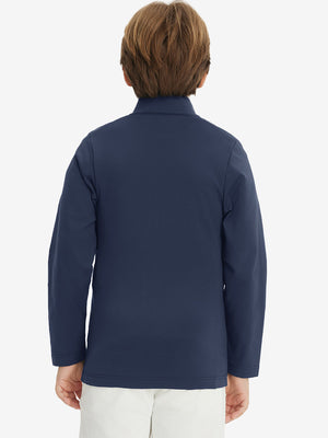 Model in kids soft lightweight fleece lined jacket in navy, showing back half-body view.