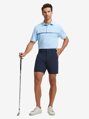 Full-body shot of model holding golf club, styled with Navy Quick Dry Casual Shorts.