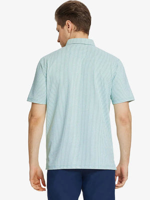Back half-body view of model wearing EMERALD Elegant Performance Jacquard Polo