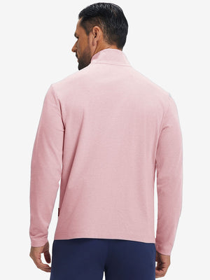 Back view showing fit of two tone pique cotton blend q-zip in pink