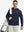 Model carrying golf bag, styled in navy dry fit stretchy sweatshirts hoodie, modern athletic look.