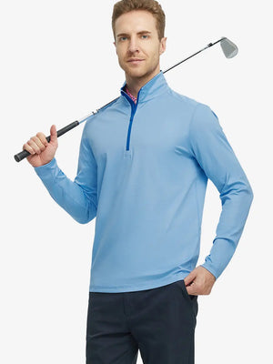 Half-body front view of model holding golf club in Pinstripe Quarter Zip Pullover – LIGHT BLUE MELANGE