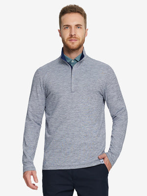 Men wearing Heather Pinstripe Brushed Dry Fit Quarter Zip Pullover in navy, front half body fit view
