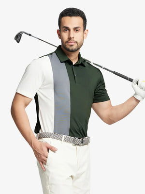 Half-body front view of model holding golf club wearing OLIVE GREEN Moisture Wicking Color Block Polo Shirt.