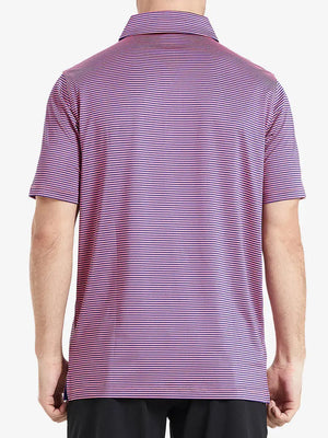 Rear half-body shot of Cooling Stripe Golf Shirt in PINK BLUE STRIPE, showcasing stripe alignment and fit