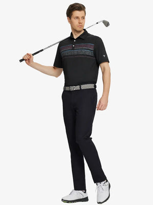 Full body front view of model wearing BLACK Water Resistant Everyday Pants, holding a golf club