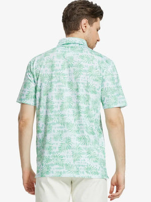 Back view of MAELREG Men's Performance Jersey Print Polo in Light Green Leaf – athletic fit