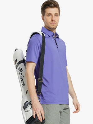 Front half-body view of male model in the Bluish Violet Everyday Classic Solid Polo, standing still