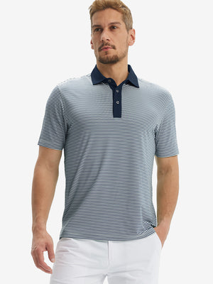 Front half-body of model in navy stripe upgraded two-tone striped quick dry polo shirt