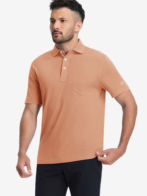Front half-body shot of model wearing the orange adobe heather comfy cotton blend polo shirt with pocket for a casual relaxed look