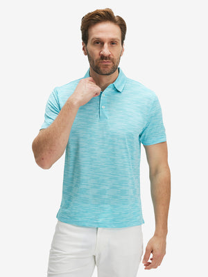 Front waist-up shot of model wearing misty blue ultra-light quick dry moisture wicking collared polo shirt