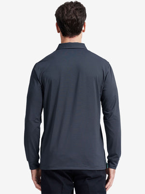 Back upper body of Long sleeve pinstripe jersey polo with subtle black stripe lines