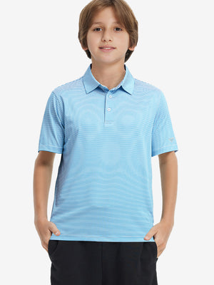 Front upper view of Kids stripe golf polos showing crisp stripes in sky blue stripe
