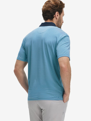 Back half-body of model in aqua stripe upgraded two-tone striped quick dry polo shirt