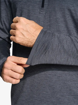 Close-up of cuff on Pinstripe Quarter Zip Pullover, showing stretch and construction – BLACK GREY MELANGE