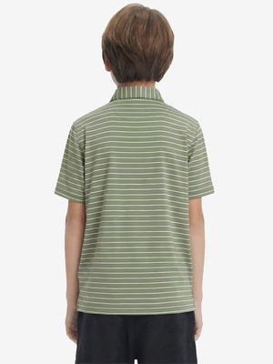 Back upper body view of youth performance golf polos, showing shape and smooth green/white stripe finish