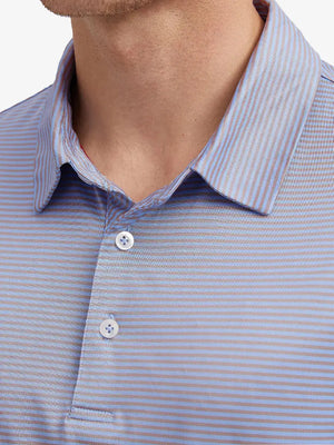 Close-up front view from nose to chest showing Cooling Stripe Golf Shirt in BLUISHYELLOW STRIPE, breathable fabric