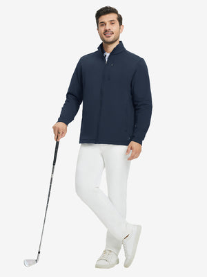 Lightweight casual fleece jacket with 5 pockets, navy, full body golf scenes with clubs