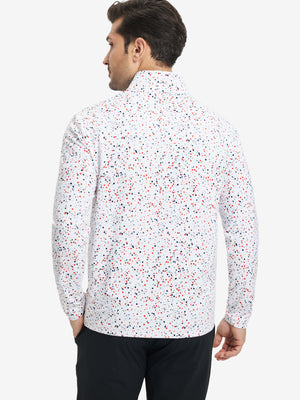 Back upper body of Full print lightweight quarter zip pullover with smooth white polka dots
