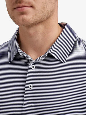Close-up front view from nose to chest showing Cooling Stripe Golf Shirt in NAVY STRIPE, breathable fabric