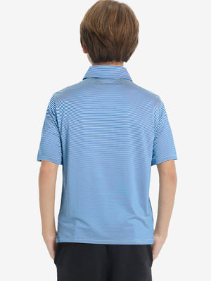 Back half-body view of youth wearing aqua stripe performance cooling polo, showing rear design