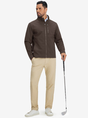 Lifestyle shots of winter thermal outdoor water resistant fleece jacket in coffee brown, worn while holding golf clubs