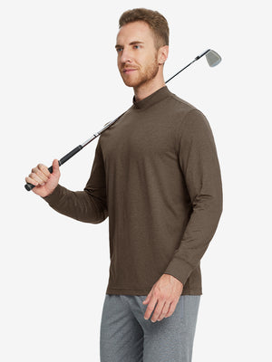 Model holding a golf club while wearing the Brown Long Sleeve Mock Turtleneck Shirt.