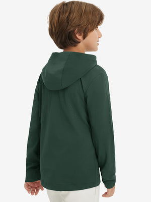 Back upper view of youth long sleeve hoodied with kangaroo pocket in forest green, showing fit and shoulders.