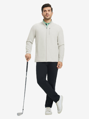 Lightweight casual fleece jacket with 5 pockets, oyster grey, full body golf scenes with clubs