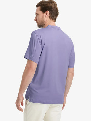 Back half-body view wearing Everyday Collarless Jersey Shirt in LAVENDER.