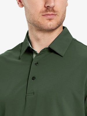 Model front close-up from nose to chest wearing OLIVE GREEN Ventilated Pique Performance Polo