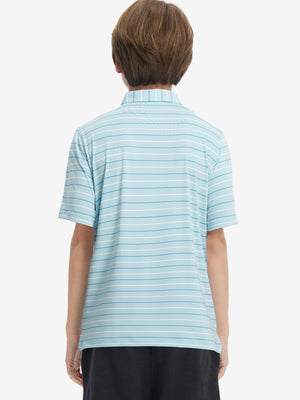 Back upper body view of kids stylish stripe polo shirts, showing pattern and iced aqua stripe tone