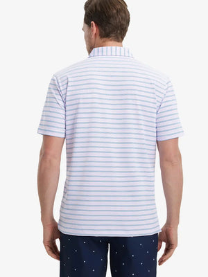 Back view of model in Pinkish Purple Cobalt Stripe Performance Stripe Golf Shirt