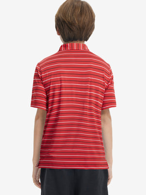 Back upper body of model in trendy boys stripe polo shirts, showing silhouette and dark grey stripe tone