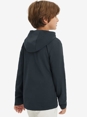 Back upper view of youth long sleeve hoodied with kangaroo pocket in dark grey, showing fit and shoulders.