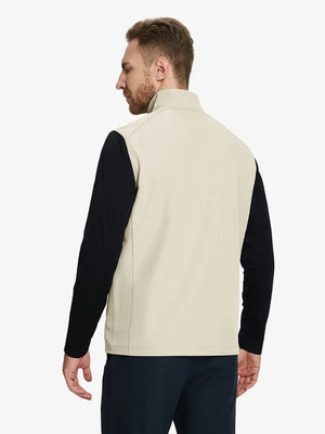 Back view of the light khaki windproof golf vest, highlighting its lightweight design and zippered pockets.