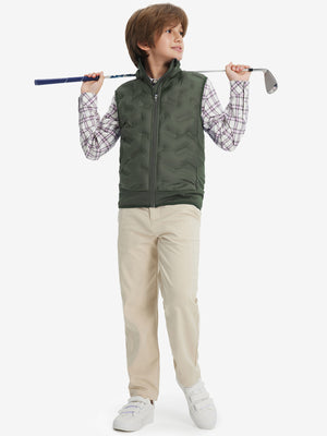 Lifestyle shots of boys full-zip fleece-lined puffer vest in army green