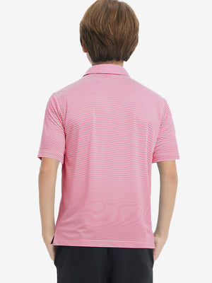 Back half-body view of youth wearing rose stripe performance cooling polo, showing rear design