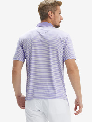 Back half-body of model in lavenderwhite stripe upgraded two-tone striped quick dry polo shirt