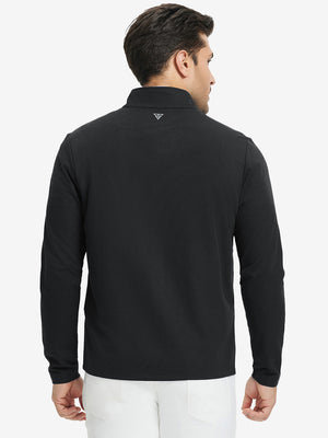 Back upper body of Premium jacquard quarter zip pullover with smooth black finish