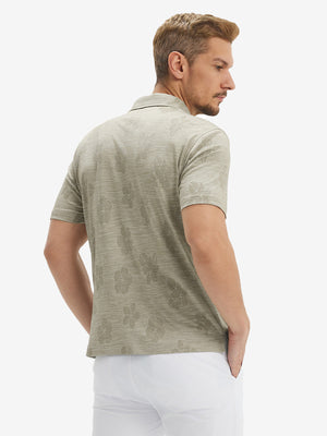 Back waist-up shot of model wearing kakhi flower breathable jacquard pattern 3-button golf polo