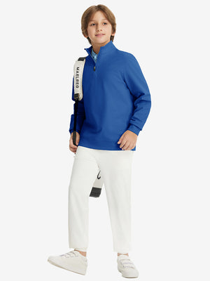 Youth Winter Micro-fleece Quarter Zip Pullover in klein blue, model wearing tennis bag, front view