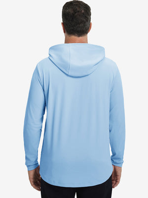Back upper body view of the dry fit stretchy hoodie in light blue, simple cut and relaxed posture.