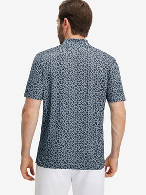 Back half-body of model in grayish blue flower stretch printed collarless henley golf shirts