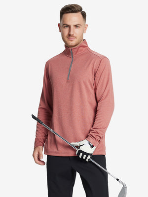 Back half-body view, model showcasing fit of BRICK MELANGE Moisture Wicking Quarter Zip Pullover.