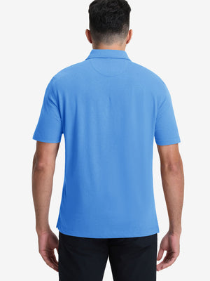 Back half-body view of model wearing the cabana swim comfy cotton blend polo shirt with pocket, highlighting the rear silhouette
